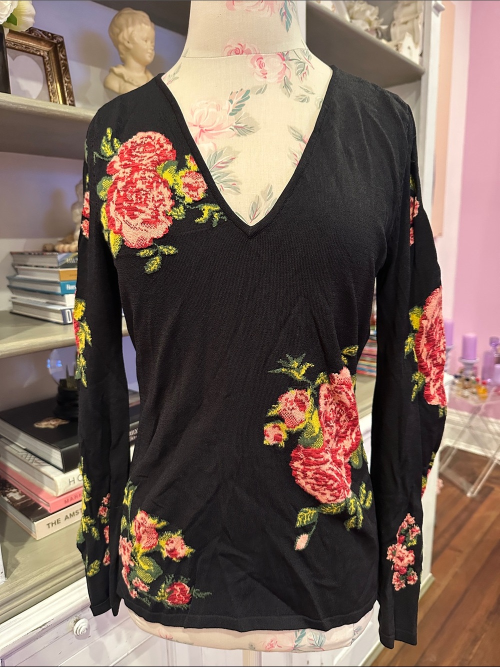 INC International Concepts Black V-Neck Sweater with Pink Rose Embroidery